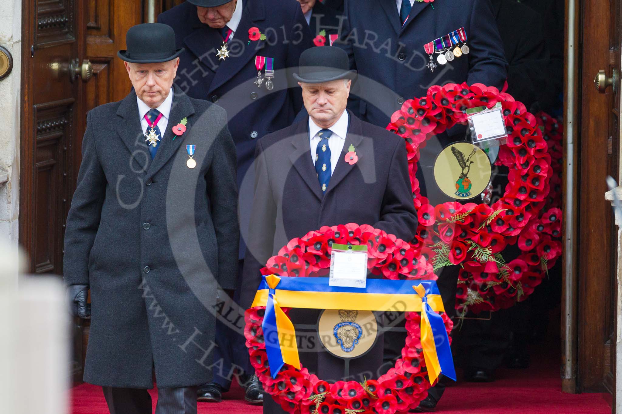 Remembrance Sunday at the Cenotaph 2015: Leading members of the Royal British Legion and other charities, on the left TRBL president, Vice Admiral Peter Wilkinson, leaving the Foreign- and Commonwealth Office. Image #63, 08 November 2015 10:40 Whitehall, London, UK