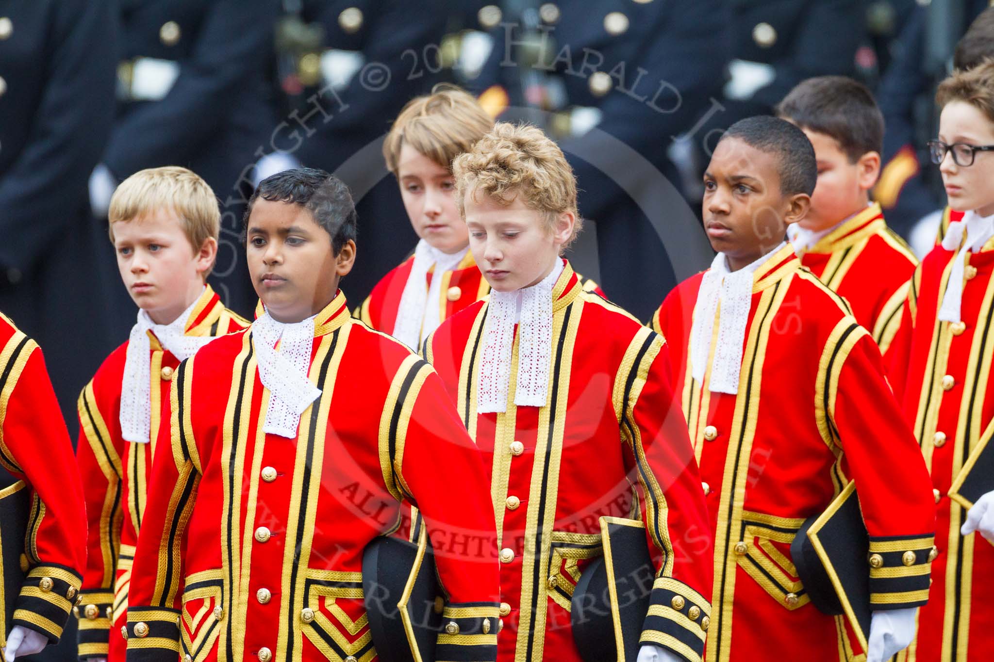 Remembrance Sunday at the Cenotaph 2015: The 10 Children of the Chapel Royal on their way from the Foreign- and Commonwealth Office building onto Whitehall. Image #79, 08 November 2015 10:54 Whitehall, London, UK