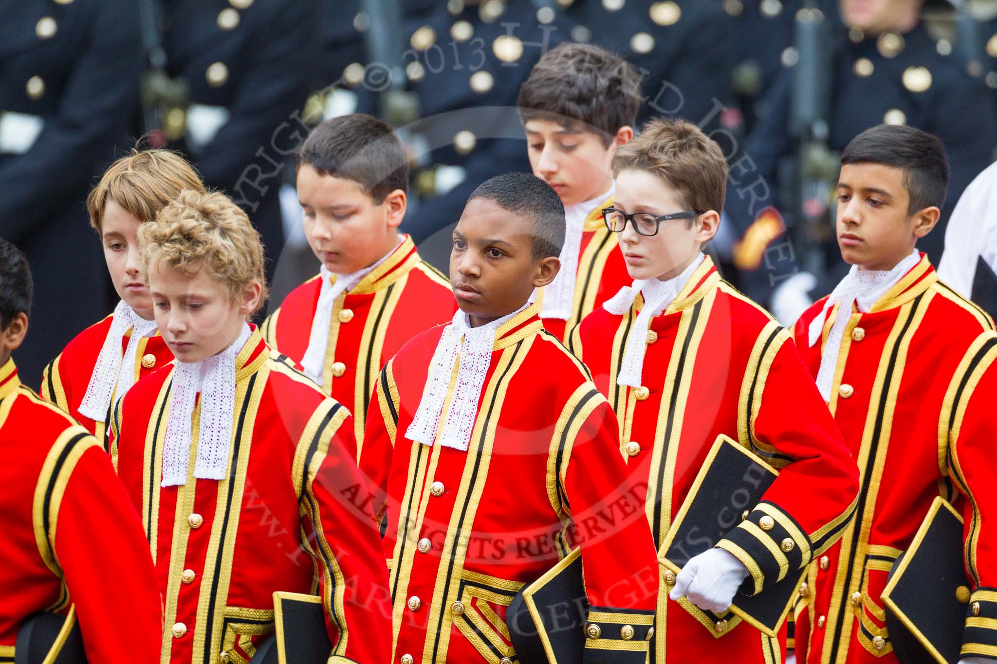 Remembrance Sunday at the Cenotaph 2015: The 10 Children of the Chapel Royal on their way from the Foreign- and Commonwealth Office building onto Whitehall. Image #80, 08 November 2015 10:54 Whitehall, London, UK