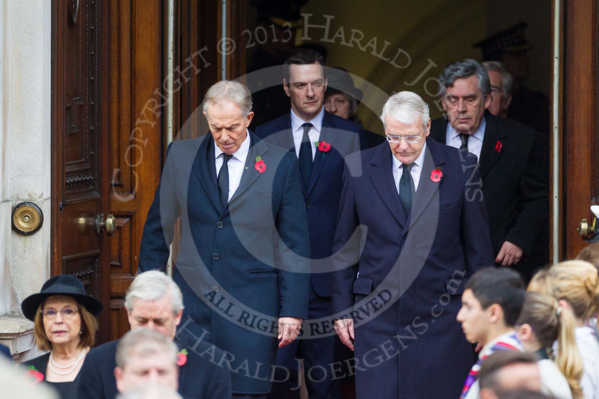 Remembrance Sunday at the Cenotaph 2015: The politicians leaving the Foreign- and Commonwealth Office, here former prime ministers Tony Blair and John Major, behind them George Osborne, Chancellor of the Exchequer, and former prime minister Gordon Brown. Image #88, 08 November 2015 10:55 Whitehall, London, UK