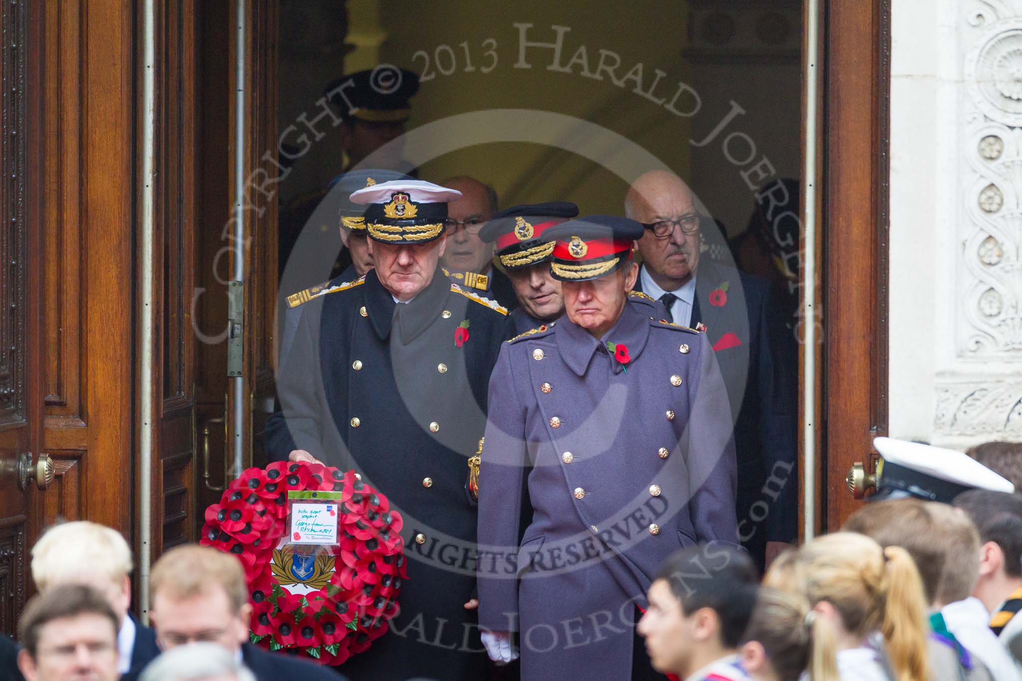 Remembrance Sunday at the Cenotaph 2015: Senior military personell leaving the Foreign- and Commonwealth Office, in front the First Sea Lord, Admiral  Sir  George  Zambellas, and the Chief of the Defence Staff, General  Sir  Nicholas  Houghton. Image #90, 08 November 2015 10:55 Whitehall, London, UK