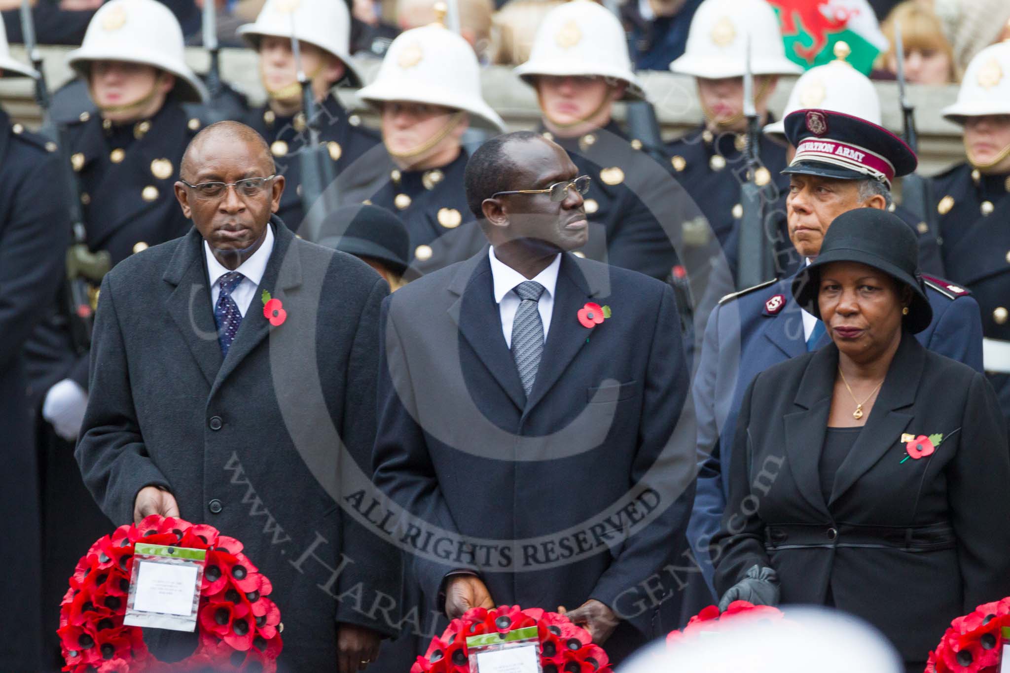 Remembrance Sunday at the Cenotaph 2015: The High Commissioner of Malawi, the High Commissioner of  Kenya, the High Commissioner of Uganda with their wreaths at the Cenotaph. Image #113, 08 November 2015 10:57 Whitehall, London, UK