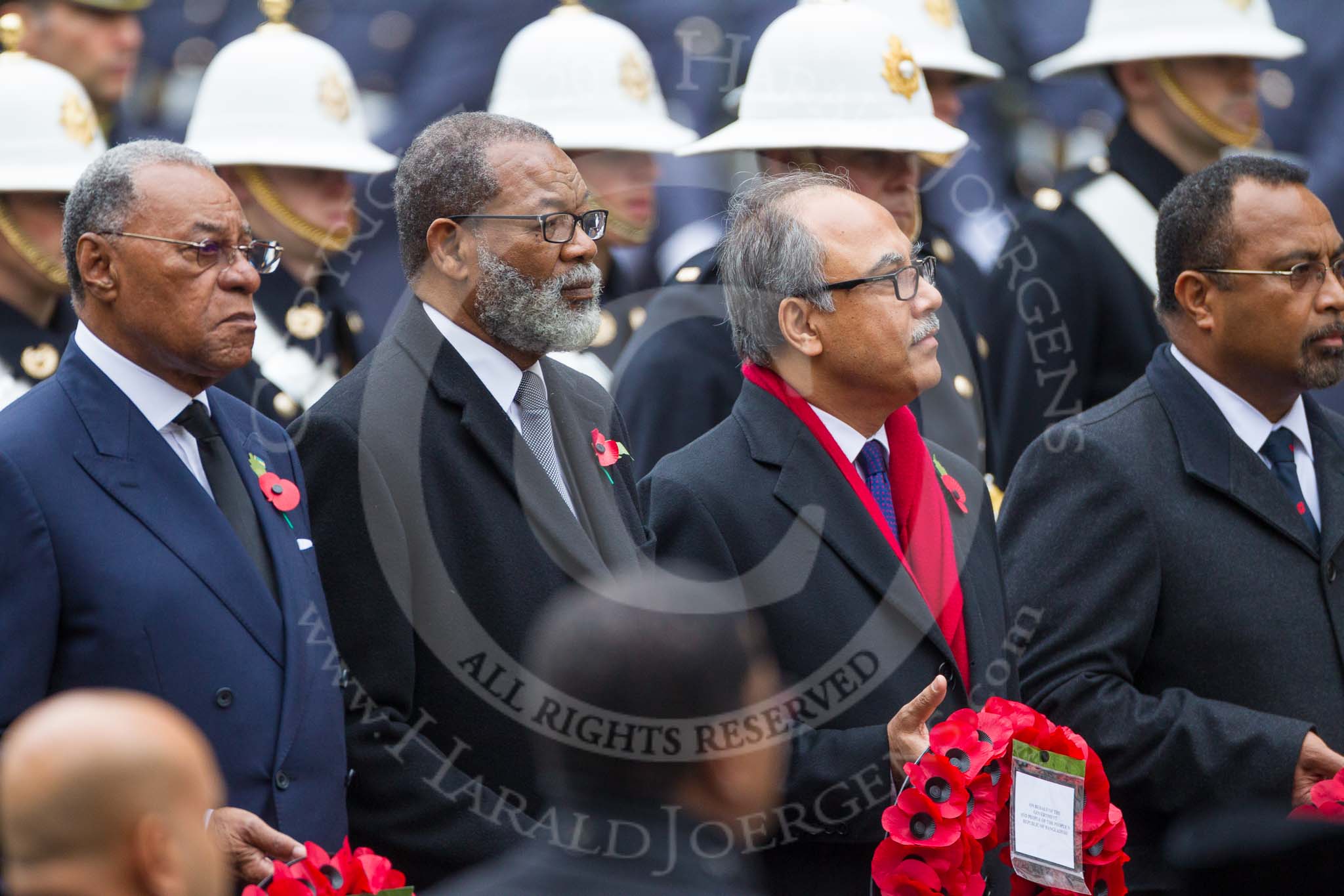 Remembrance Sunday at the Cenotaph 2015: The High Commissioner of Grenada, the High Commissioner of The Bahamas, the High Commissioner of Bangladesh, and the High Commissioner of Fiji with their wreaths at the Cenotaph. Image #114, 08 November 2015 10:57 Whitehall, London, UK