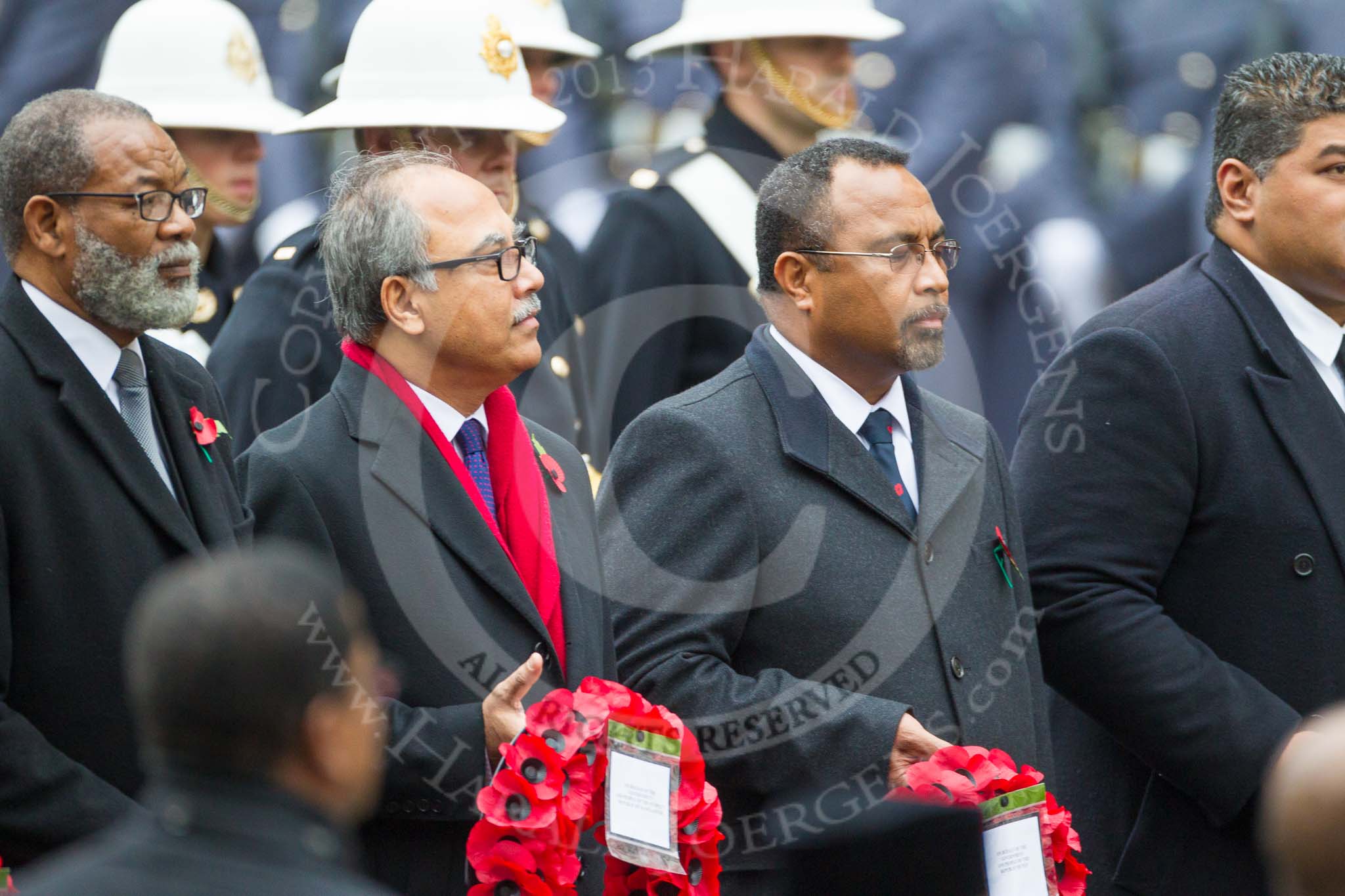 Remembrance Sunday at the Cenotaph 2015: The High Commissioner of The Bahamas, the High Commissioner of Bangladesh, and the High Commissioner of Fiji with their wreaths at the Cenotaph. Image #115, 08 November 2015 10:57 Whitehall, London, UK
