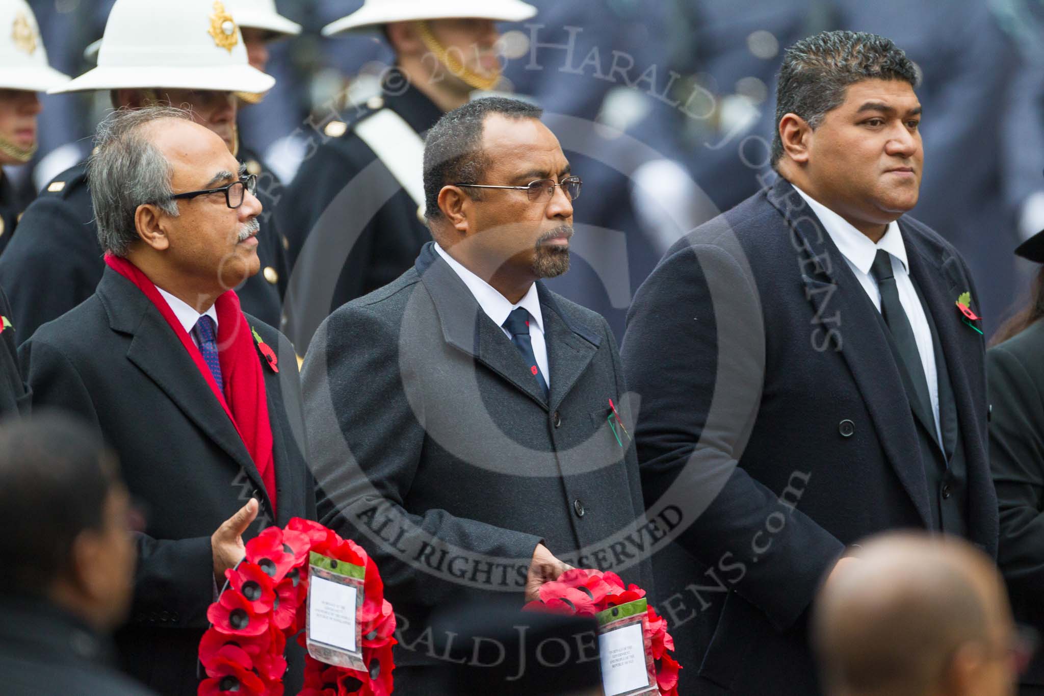 Remembrance Sunday at the Cenotaph 2015: The High Commissioner of Bangladesh, the High Commissioner of Fiji and the Acting High Commissioner of Tonga the  with their wreaths at the Cenotaph. Image #116, 08 November 2015 10:57 Whitehall, London, UK