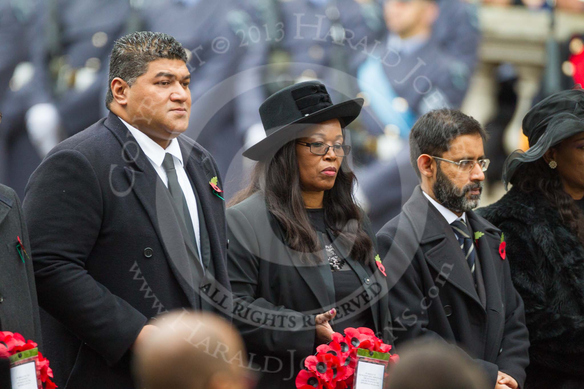 Remembrance Sunday at the Cenotaph 2015: The Acting High Commissioner of Tonga, the High Commissioner of Swaziland and the High Commissioner of Mauritius with their wreaths at the Cenotaph. Image #117, 08 November 2015 10:57 Whitehall, London, UK