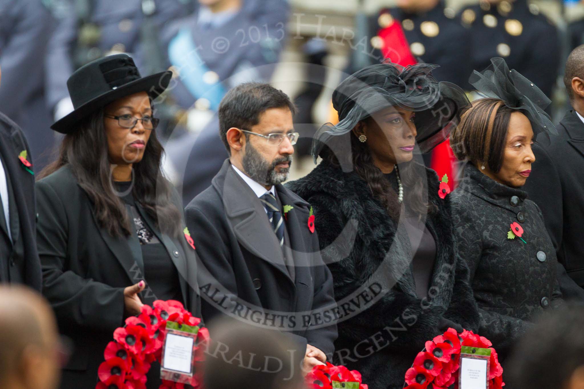 Remembrance Sunday at the Cenotaph 2015: The High Commissioner of Swaziland, the High Commissioner of Mauritius, the Deputy High Commissioner of Barbados and the High Commissioner of Lesotho with their wreaths at the Cenotaph. Image #118, 08 November 2015 10:57 Whitehall, London, UK