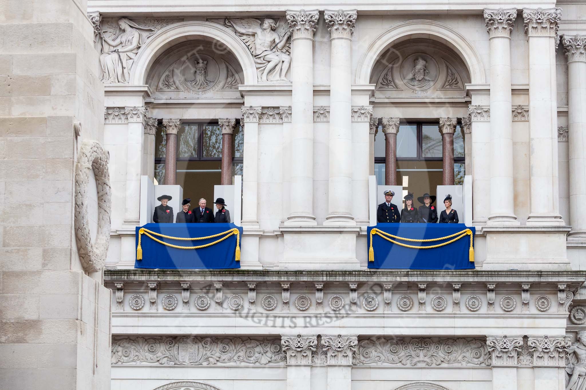 Remembrance Sunday at the Cenotaph 2015: The two balconies of the Foreign- and Commonwealth Office used by members of the Royal Family. Image #120, 08 November 2015 10:58 Whitehall, London, UK