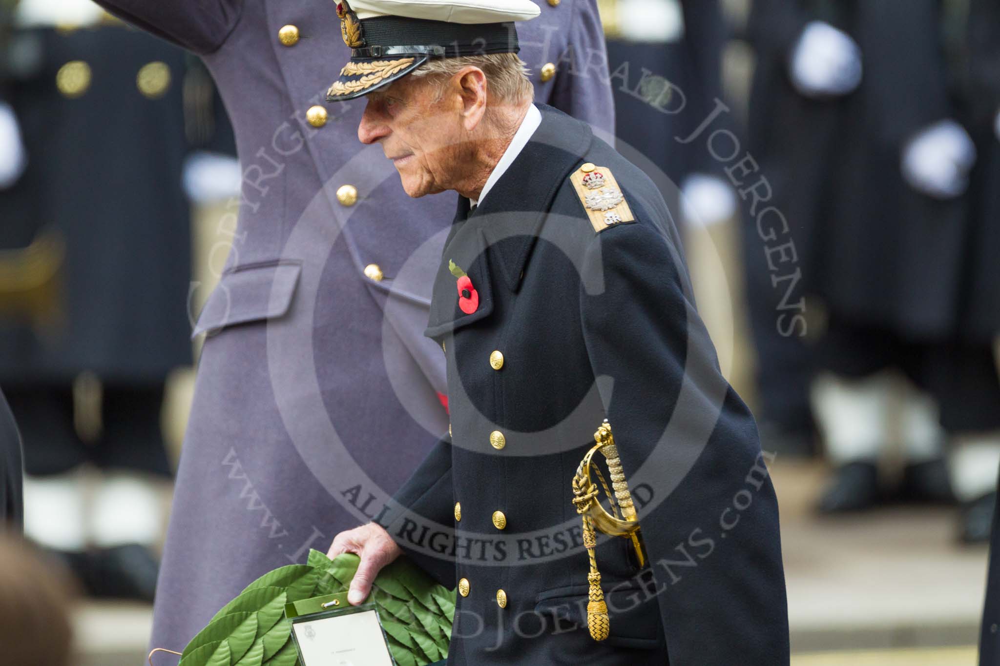 Remembrance Sunday at the Cenotaph 2015: HM The Duke of Edinburgh walking towards the Cenotaph with his wreath. Image #184, 08 November 2015 11:04 Whitehall, London, UK