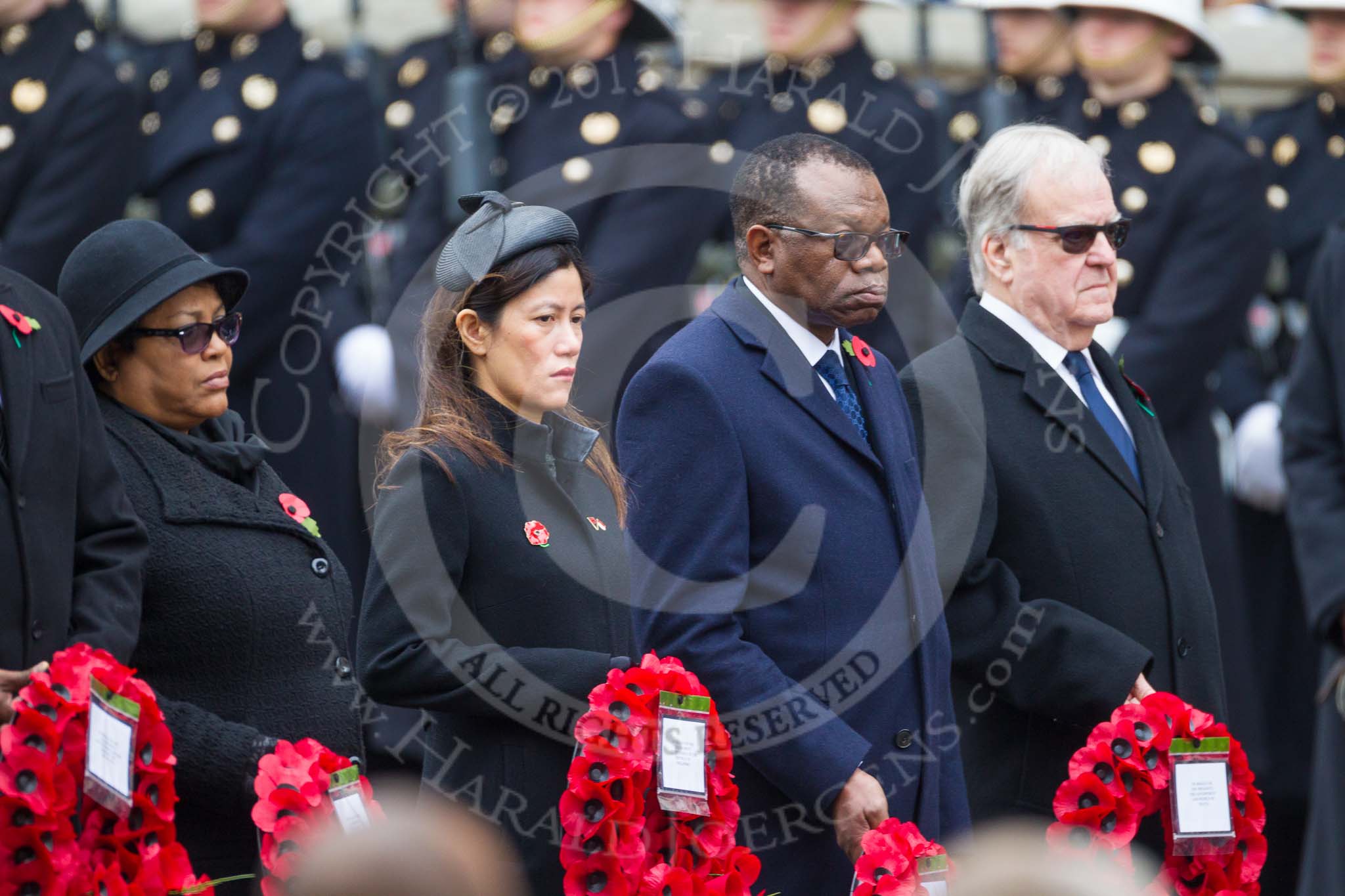 Remembrance Sunday at the Cenotaph 2015: The High Commissioner of Guyana, the High Commissioner of Singapore, the High Commissioner of Zambia, and the High Commissioner of Malta. Image #228, 08 November 2015 11:09 Whitehall, London, UK