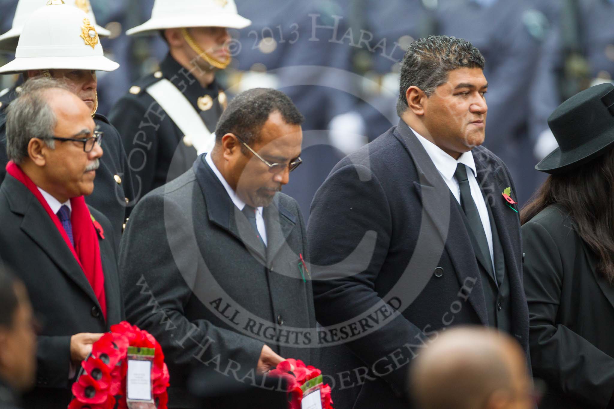 Remembrance Sunday at the Cenotaph 2015: The High Commissioner of Bangladesh, the High Commissioner of Fiji, and the Acting High Commissioner of Tonga. Image #232, 08 November 2015 11:09 Whitehall, London, UK