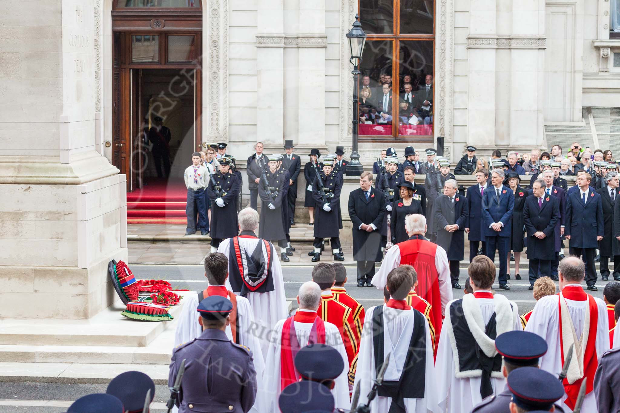 Remembrance Sunday at the Cenotaph 2015: The choir and the politicians at the Cenotaph as the High Commissioners lay their wreaths. Image #239, 08 November 2015 11:10 Whitehall, London, UK