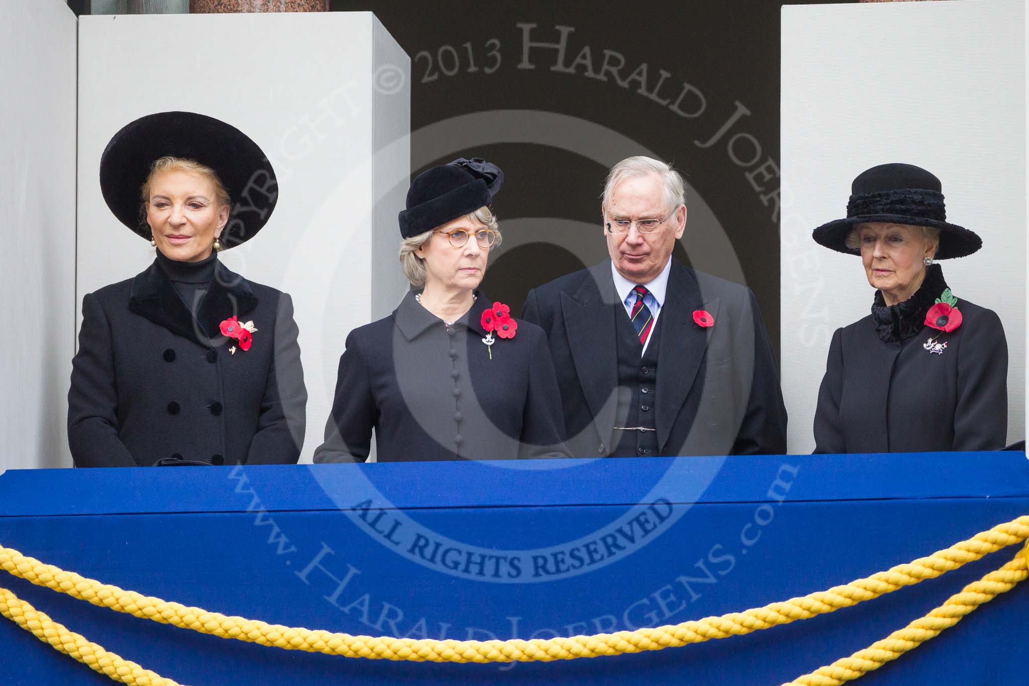 Remembrance Sunday at the Cenotaph 2015: HRH Princess Michael of Kent, THR The Duchess and Duke of Gloucester, and HRH Princess Alexandra, the Hon. Lady Ogilvy,  on the centre balcony of the Foreign- and Commonwealth Office building. Image #242, 08 November 2015 11:10 Whitehall, London, UK