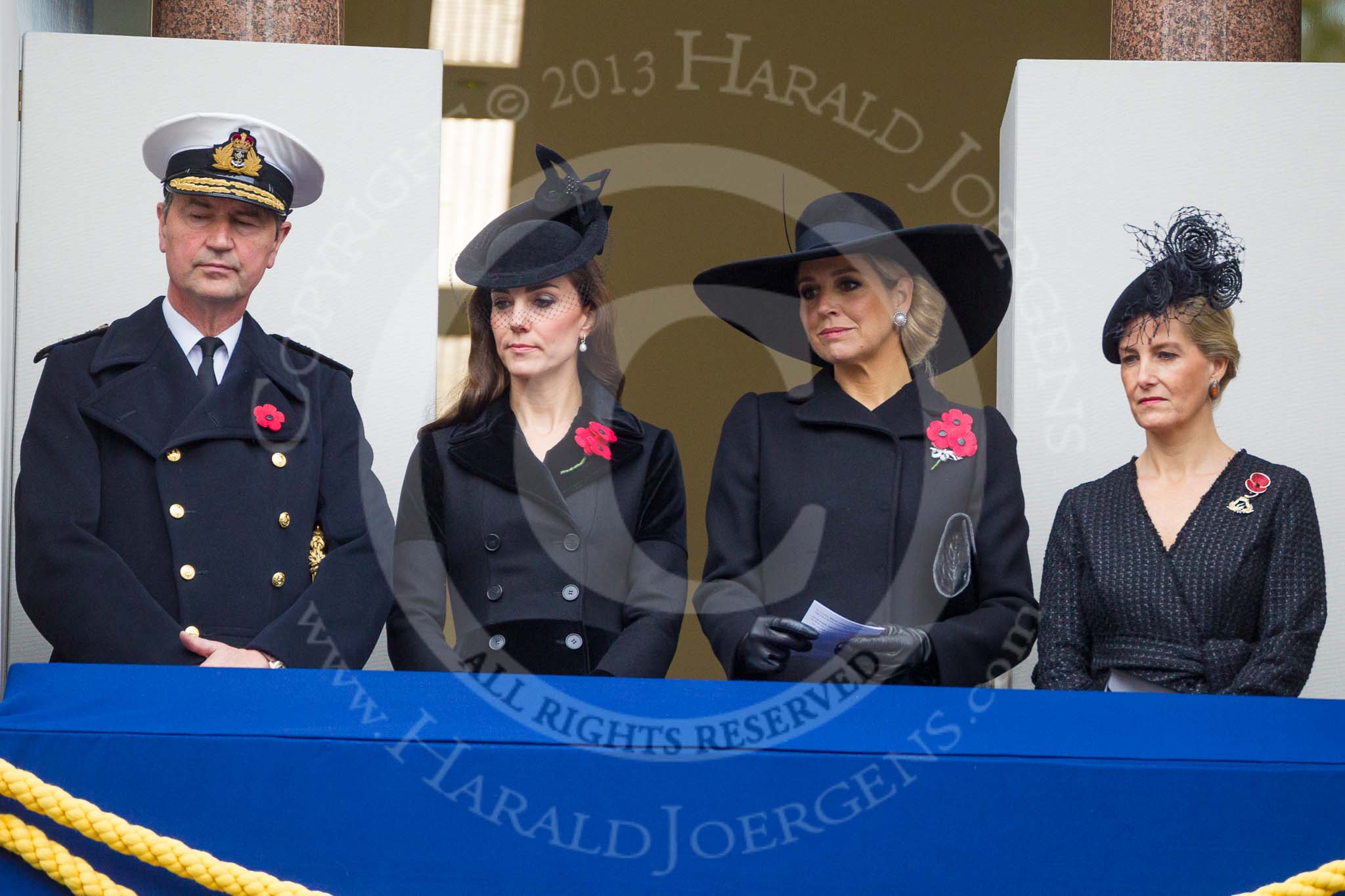 Remembrance Sunday at the Cenotaph 2015: Vice Admiral Sir Tim Laurence, the husband of the Princess Royal, HRH The Duchess of Cambridge, HM The Queen (Máxima) of the Netherlands, and HRH The Countess of Wessex on the balcony of the Foreign- and Commonwealth Office. Image #243, 08 November 2015 11:10 Whitehall, London, UK