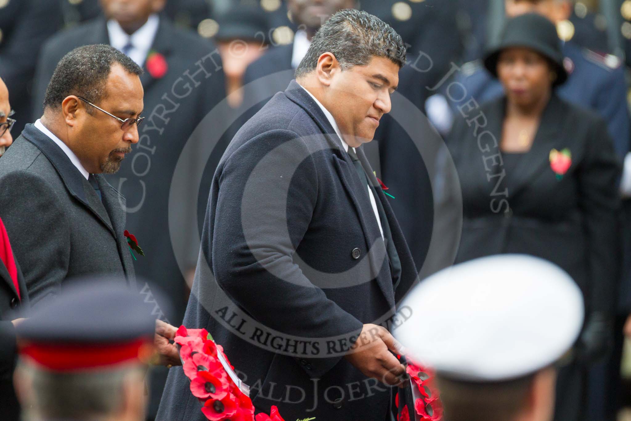 Remembrance Sunday at the Cenotaph 2015: The High Commissioners of Fiji and Tonga standing at the Cenotaph with their wreaths. Image #244, 08 November 2015 11:11 Whitehall, London, UK