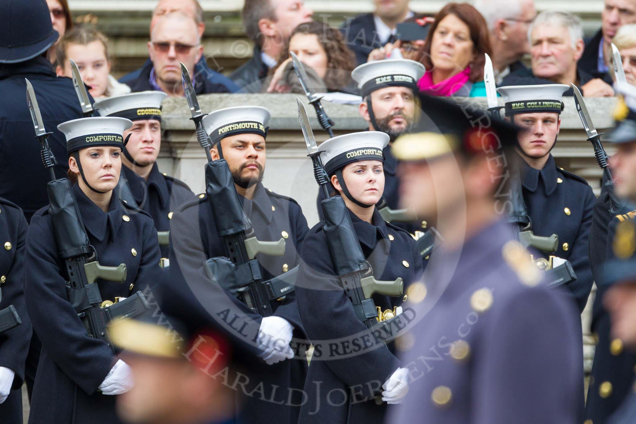 Remembrance Sunday at the Cenotaph 2015: A part of the Royal Navy detachment, here from the Commander Portsmouth Flotilla (COMPORFLOT). Image #265, 08 November 2015 11:12 Whitehall, London, UK
