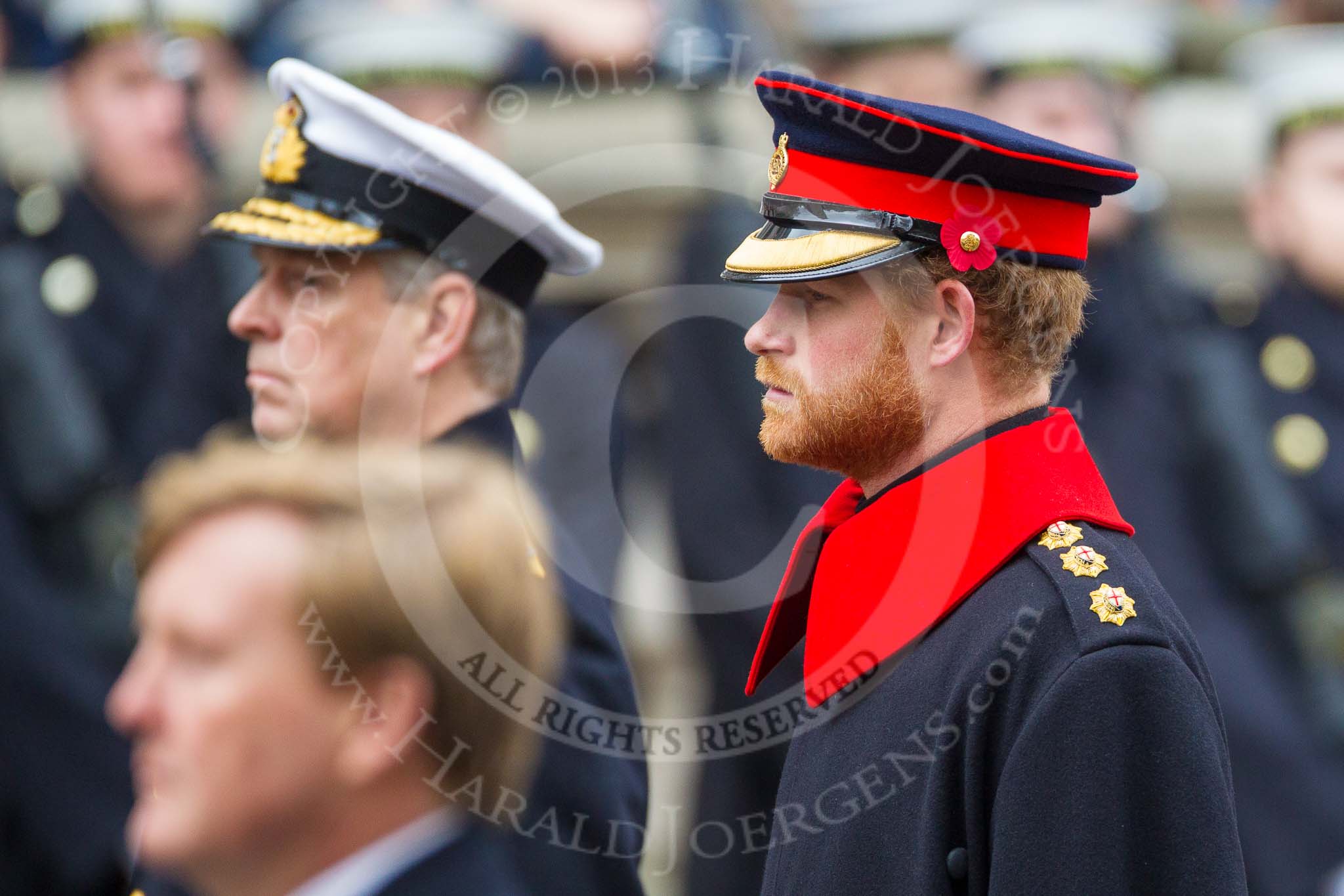 Remembrance Sunday at the Cenotaph 2015: HRH HRH Prince Henry of Wales (Prince Harry) in the uniform of a Captain in the Blues and Royals Household Cavelry Regiment. Next to him HRH The Duke of York, in front HM The King of the Netherlands. Image #270, 08 November 2015 11:12 Whitehall, London, UK