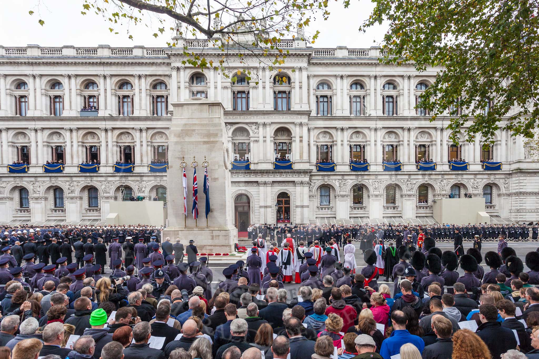 Remembrance Sunday at the Cenotaph 2015: Wide angle view of the Cenotaph ceremony from the press stand opposite the Foreign- and Commonwealth Office. Image #296, 08 November 2015 11:16 Whitehall, London, UK
