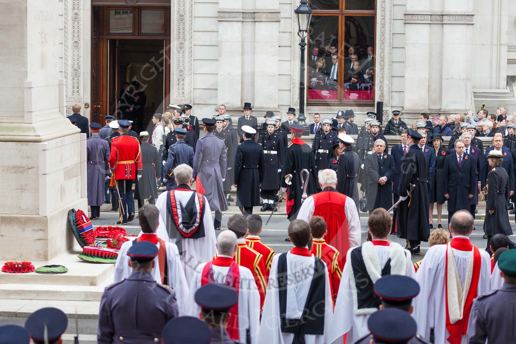 Remembrance Sunday at the Cenotaph 2015: After the official ceremont, the Royal Family and all the other participants move back into the Foreign- and Commonwealth Office. Image #316, 08 November 2015 11:19 Whitehall, London, UK