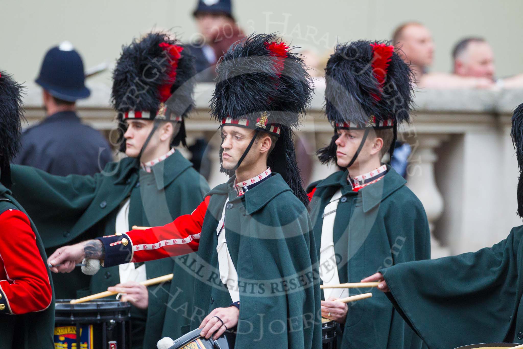 Remembrance Sunday at the Cenotaph 2015: Members of the Pipes and Drums leaving Whitehall after the event. Image #365, 08 November 2015 12:31 Whitehall, London, UK