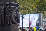 Remembrance Sunday at the Cenotaph 2015: One of the big TV screens on Whitehall, behind the Memorial for Women in World War II. Image #1, 08 November 2015 08:14 Whitehall, London, UK
