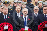 Remembrance Sunday at the Cenotaph 2015: The Westminster Leader of the Scottish National Party, Angus Robertson, the Leader of the Opposition, Jeremy Corbyn, and the Prime Minister, David Cameron. Behind them former prime ministers Gordon Brown,  Tony Blair and John Major. Image #157, 08 November 2015 11:02 Whitehall, London, UK