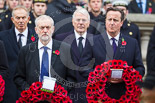 Remembrance Sunday at the Cenotaph 2015: The Leader of the Opposition, Jeremy Corbyn, and the Prime Minister, David Cameron. Behind them former prime ministers Tony Blair and John Major. Image #158, 08 November 2015 11:02 Whitehall, London, UK