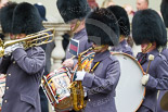 Remembrance Sunday at the Cenotaph 2015: Members of the PFoot Guards Bands leaving Whitehall after the event. Image #364, 08 November 2015 12:31 Whitehall, London, UK