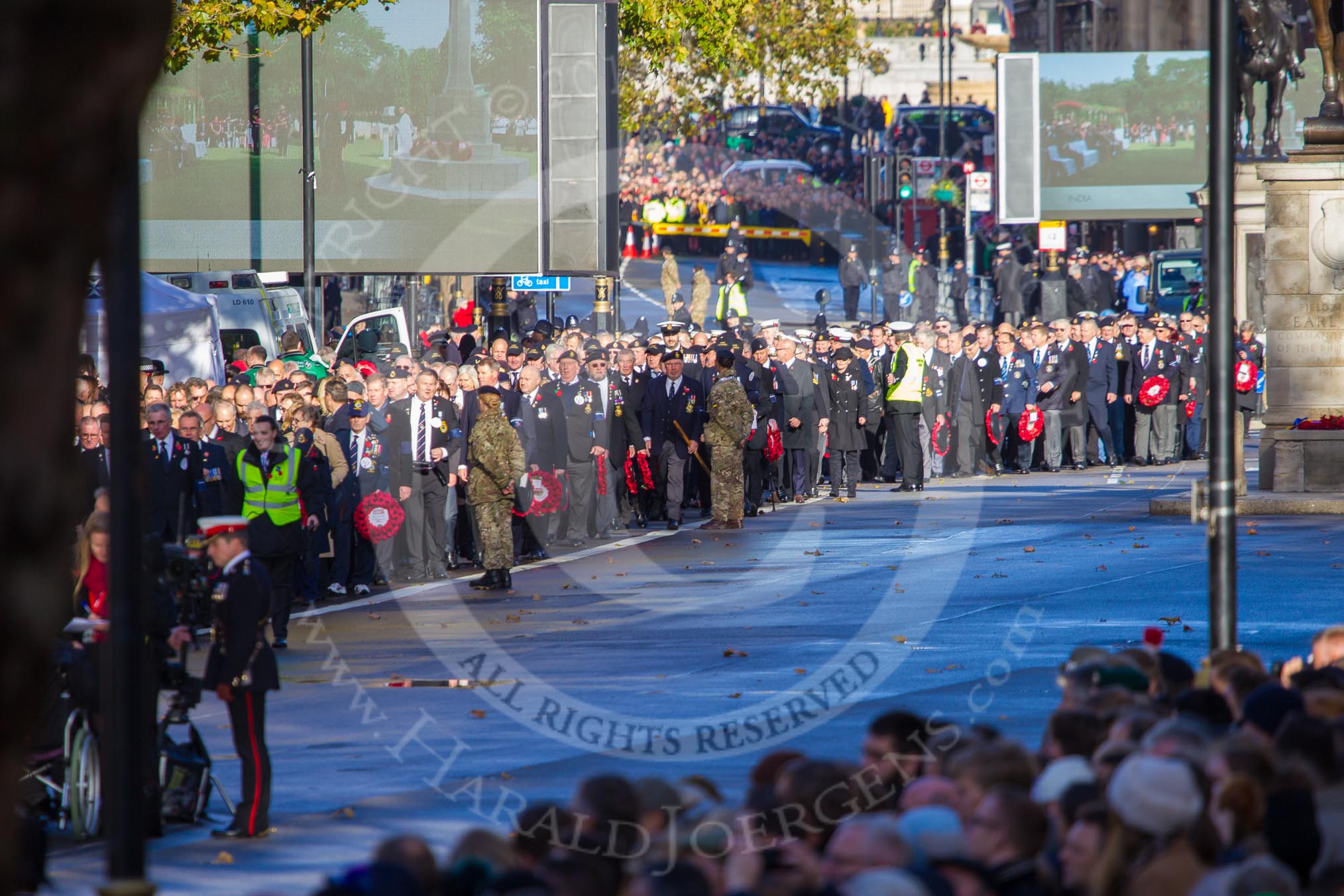 The rear end of the first column of the March Past before the Remembrance Sunday Cenotaph Ceremony 2018 at Horse Guards Parade, Westminster, London, 11 November 2018, 10:09.