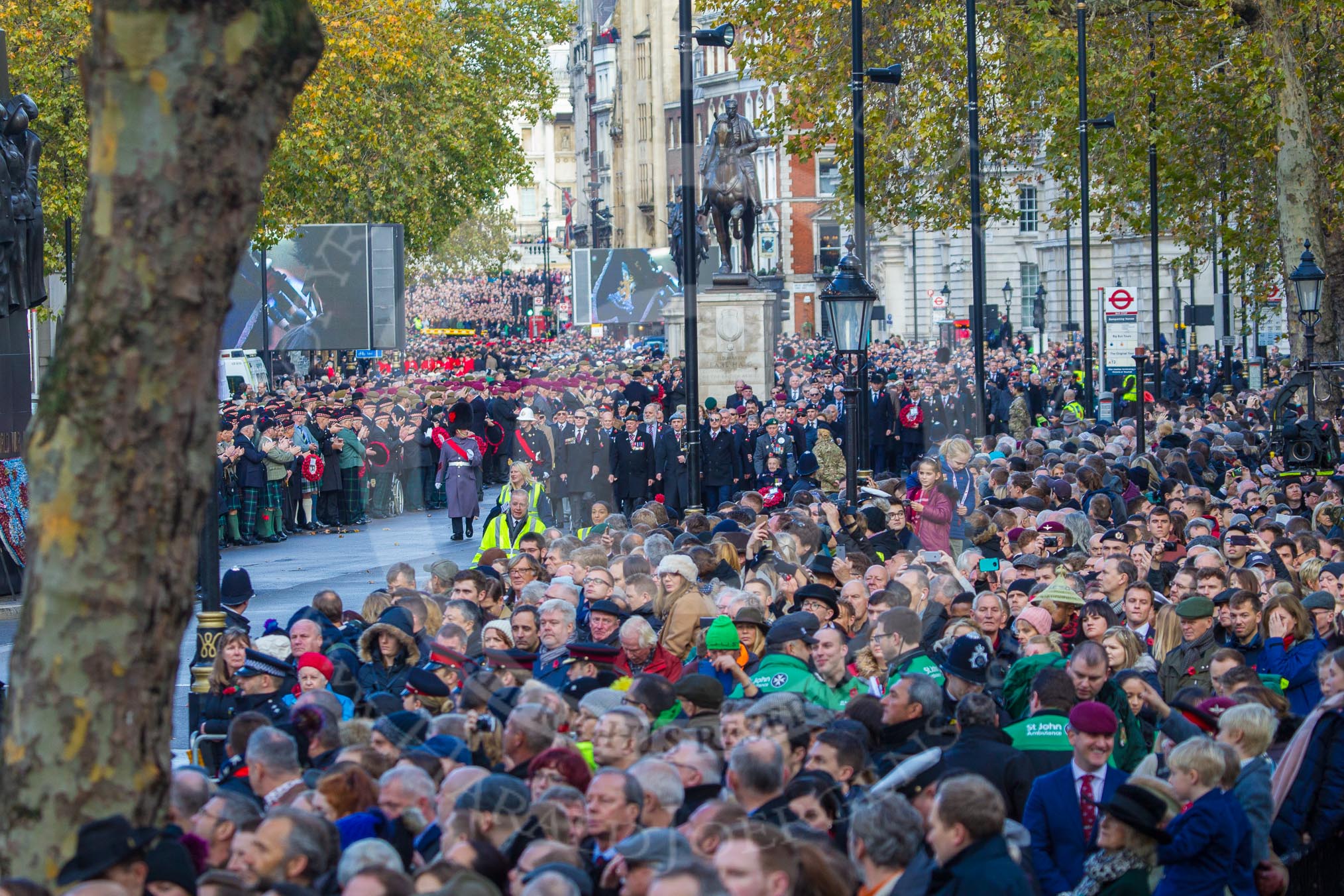 The build-up of the March Past is almost complete on Whitehall before the Remembrance Sunday Cenotaph Ceremony 2018 at Horse Guards Parade, Westminster, London, 11 November 2018, 10:41.