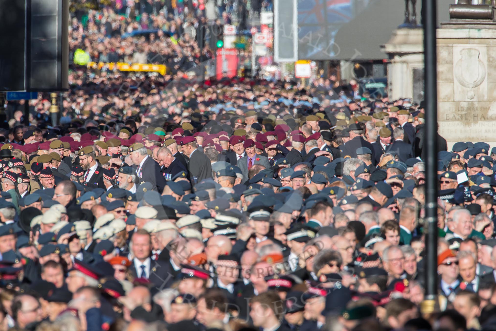 Over 9000 veterans gathering on Whitehall for the March Past during the Remembrance Sunday Cenotaph Ceremony 2018 at Horse Guards Parade, Westminster, London, 11 November 2018, 11:32.