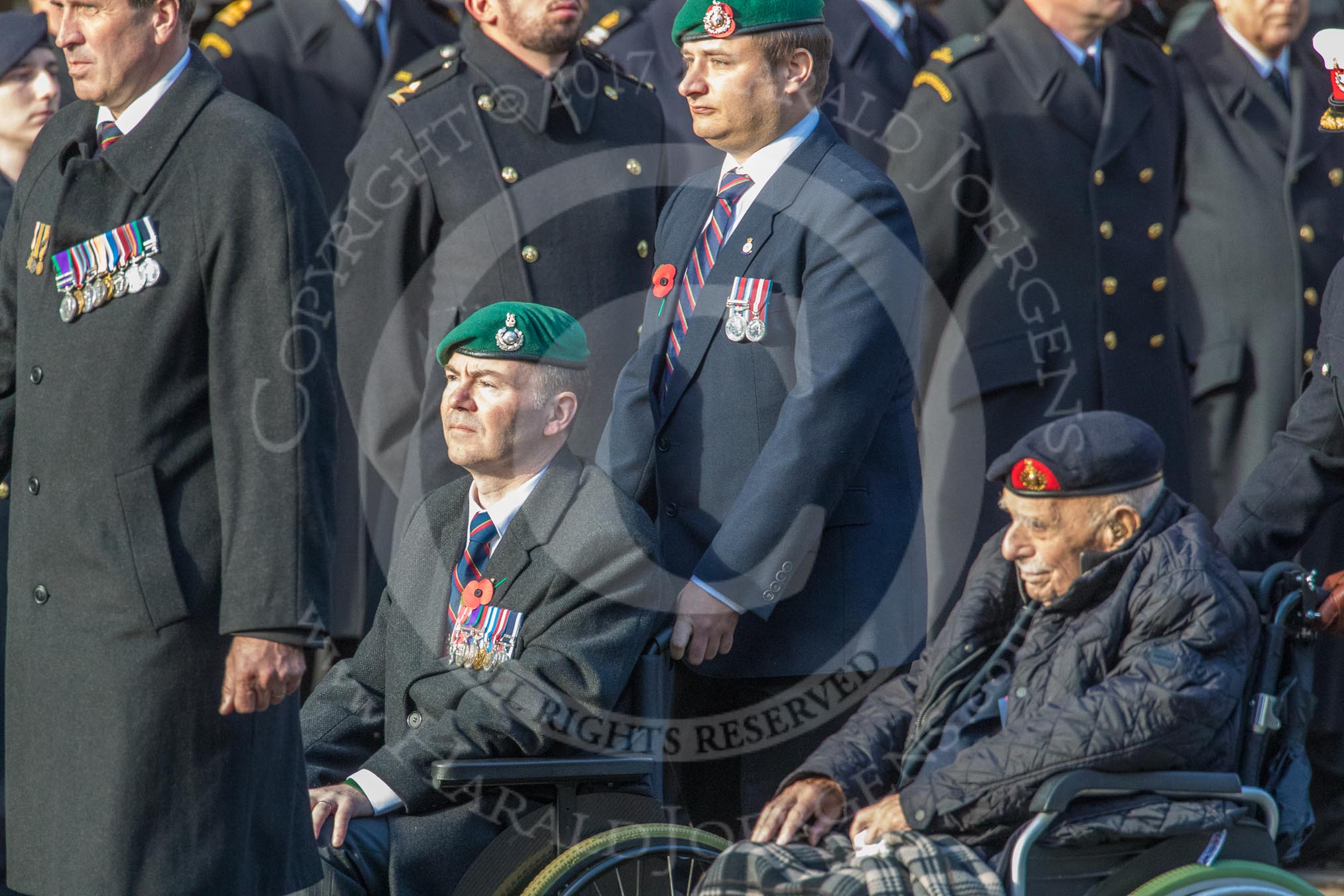 The Royal Marines Association  (Group E2, 59 members) during the Royal British Legion March Past on Remembrance Sunday at the Cenotaph, Whitehall, Westminster, London, 11 November 2018, 11:41.