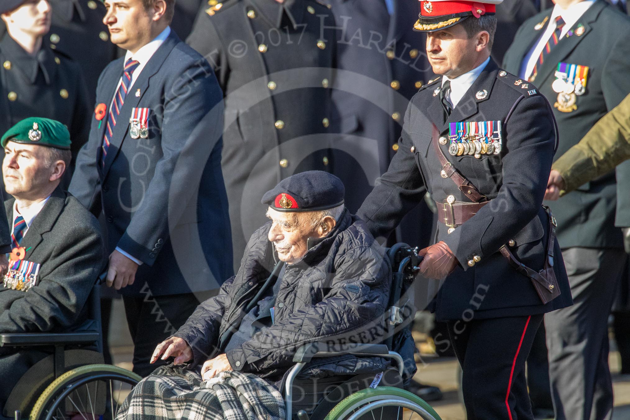 The Royal Marines Association  (Group E2, 59 members) during the Royal British Legion March Past on Remembrance Sunday at the Cenotaph, Whitehall, Westminster, London, 11 November 2018, 11:41.