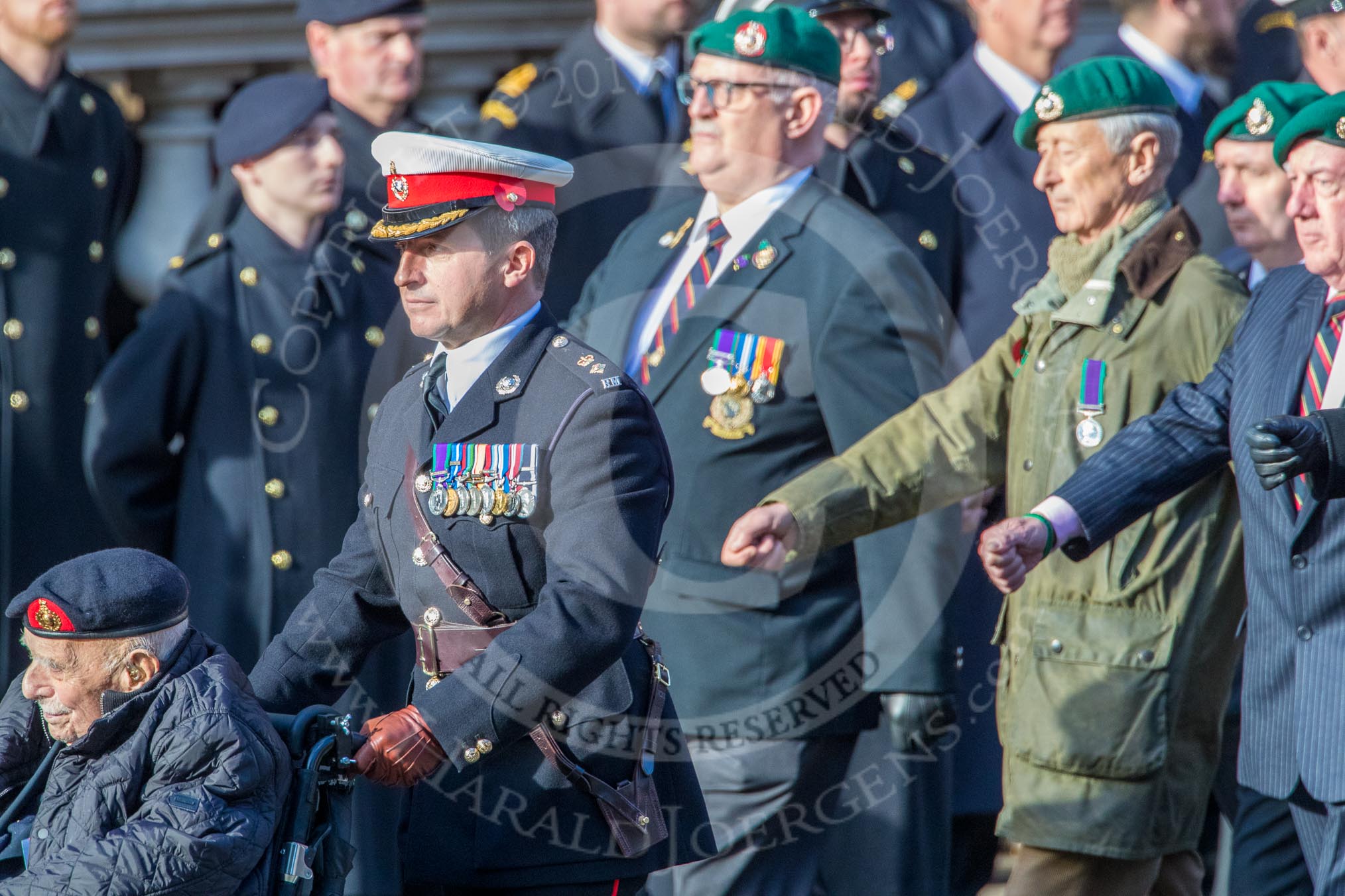 The Royal Marines Association  (Group E2, 59 members) during the Royal British Legion March Past on Remembrance Sunday at the Cenotaph, Whitehall, Westminster, London, 11 November 2018, 11:41.