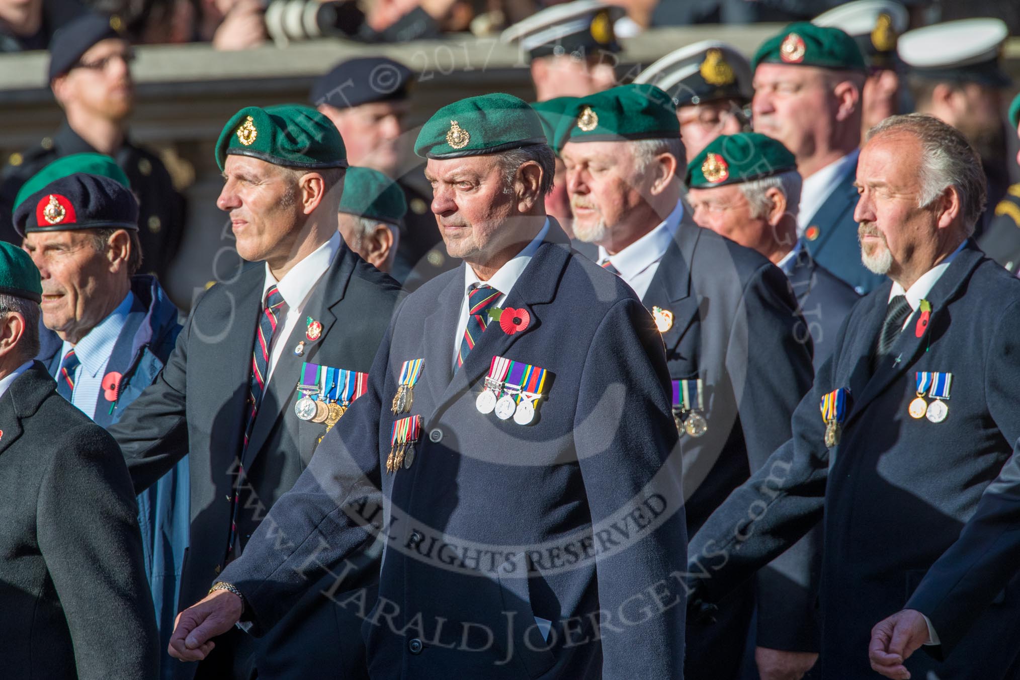 The Royal Marines Association  (Group E2, 59 members) during the Royal British Legion March Past on Remembrance Sunday at the Cenotaph, Whitehall, Westminster, London, 11 November 2018, 11:41.
