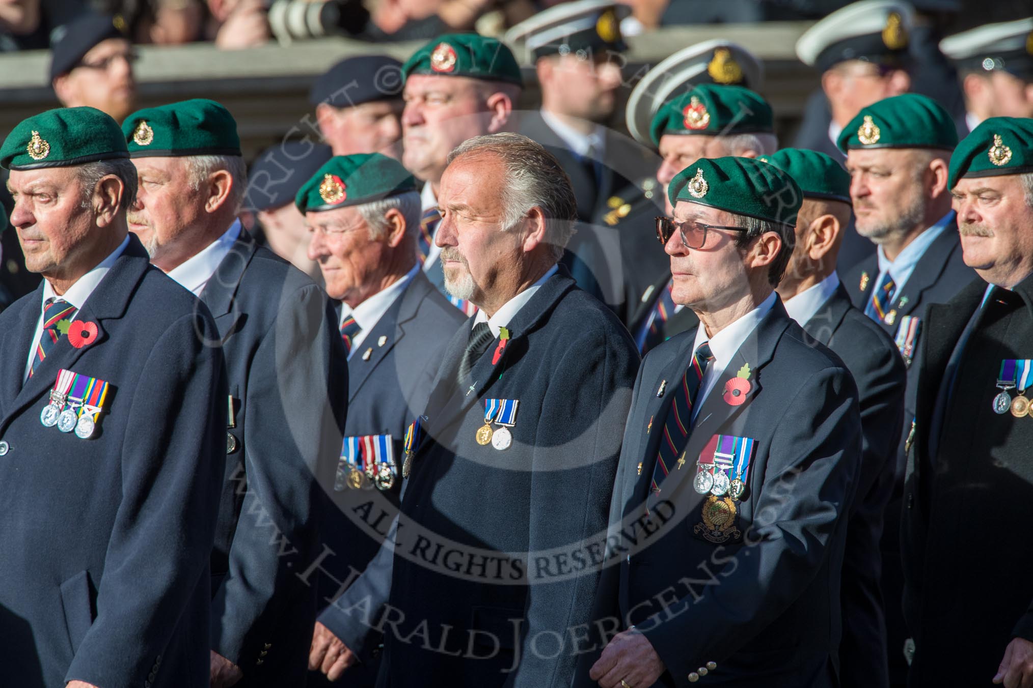 The Royal Marines Association  (Group E2, 59 members)during the Royal British Legion March Past on Remembrance Sunday at the Cenotaph, Whitehall, Westminster, London, 11 November 2018, 11:41.
