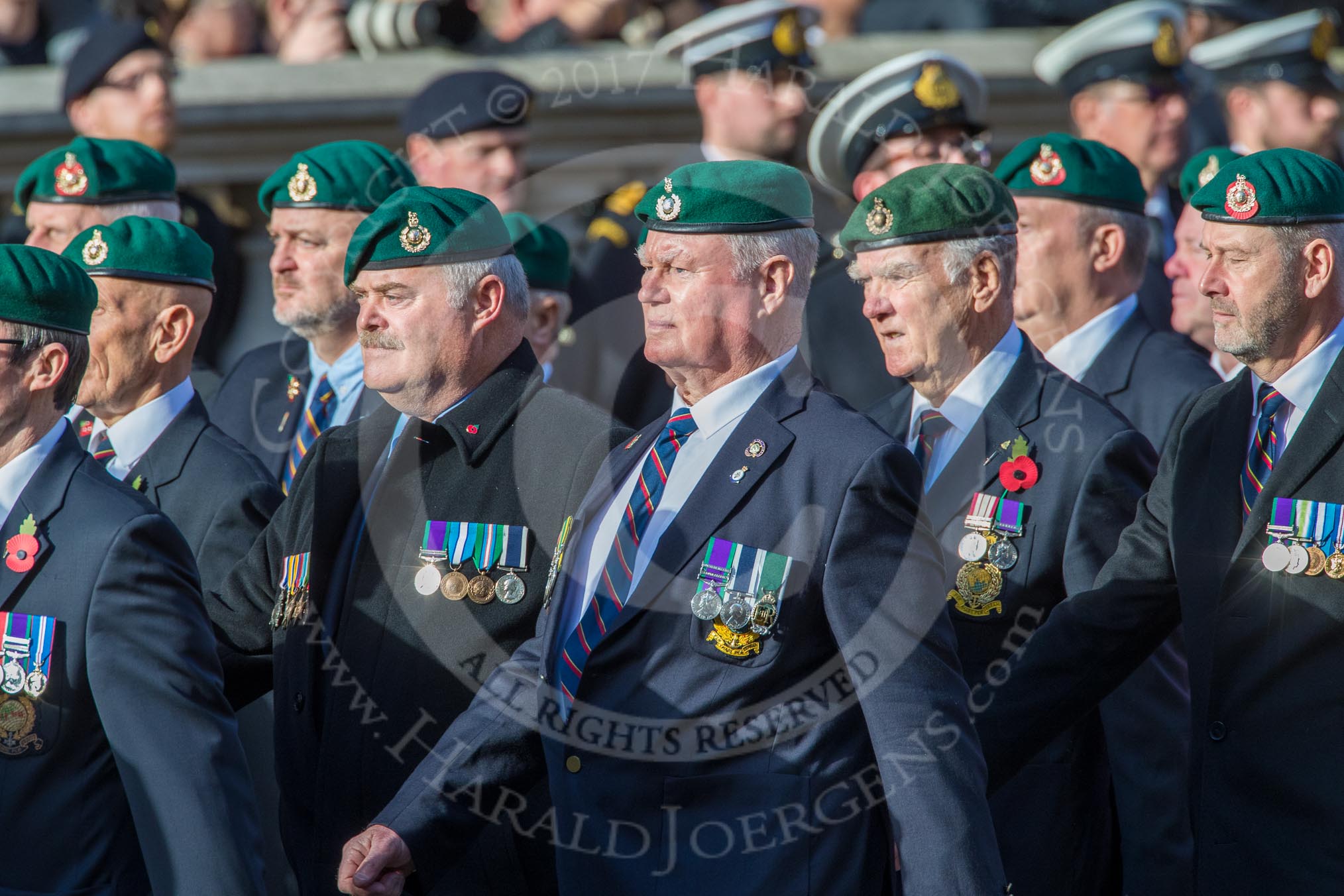 The Royal Marines Association  (Group E2, 59 members) during the Royal British Legion March Past on Remembrance Sunday at the Cenotaph, Whitehall, Westminster, London, 11 November 2018, 11:41.