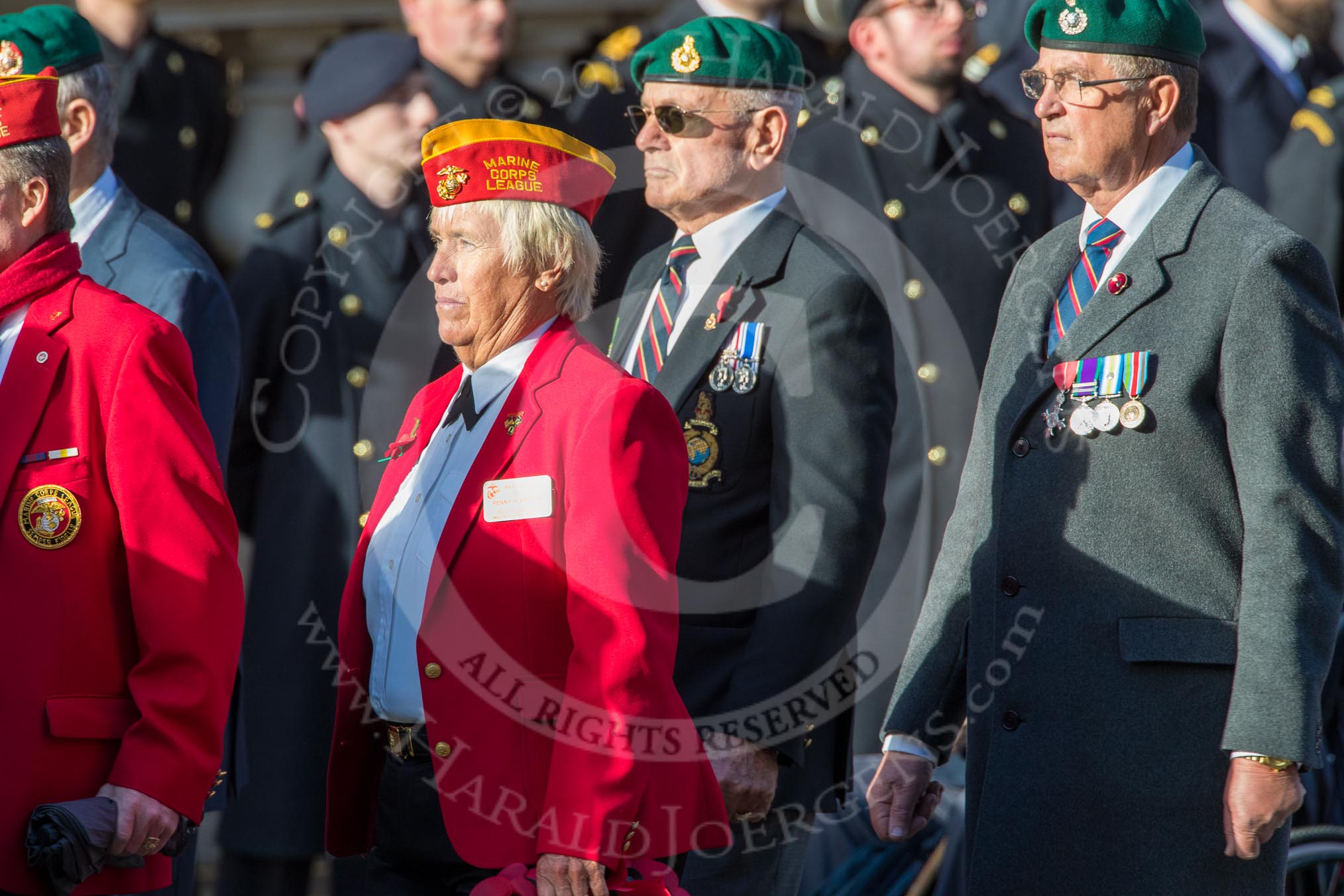 The Royal Marines Association  (Group E2, 59 members) during the Royal British Legion March Past on Remembrance Sunday at the Cenotaph, Whitehall, Westminster, London, 11 November 2018, 11:41.