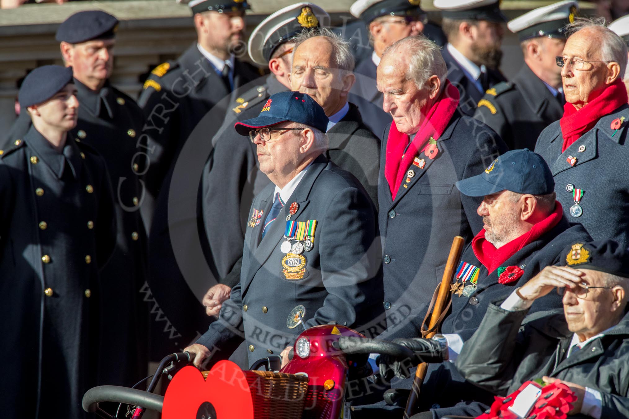 Merchant Navy Association  (Group E3, 40 members) during the Royal British Legion March Past on Remembrance Sunday at the Cenotaph, Whitehall, Westminster, London, 11 November 2018, 11:41.