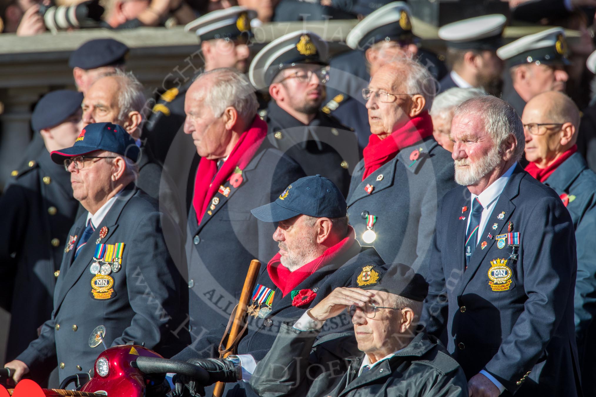 Merchant Navy Association  (Group E3, 40 members) during the Royal British Legion March Past on Remembrance Sunday at the Cenotaph, Whitehall, Westminster, London, 11 November 2018, 11:41.