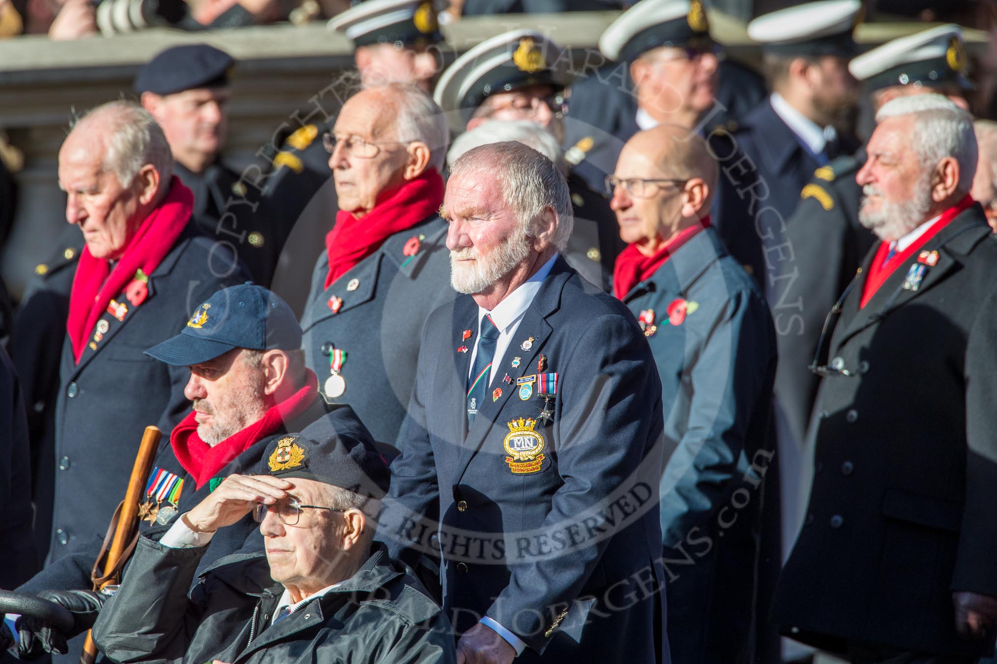Merchant Navy Association  (Group E3, 40 members) during the Royal British Legion March Past on Remembrance Sunday at the Cenotaph, Whitehall, Westminster, London, 11 November 2018, 11:41.