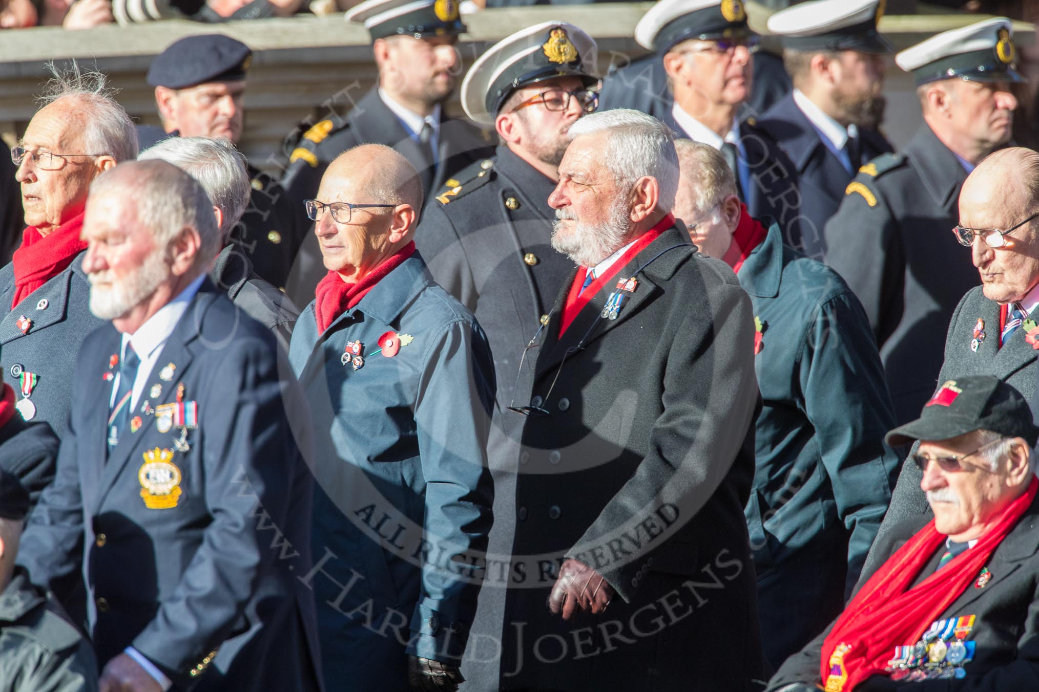 Merchant Navy Association  (Group E3, 40 members) during the Royal British Legion March Past on Remembrance Sunday at the Cenotaph, Whitehall, Westminster, London, 11 November 2018, 11:41.