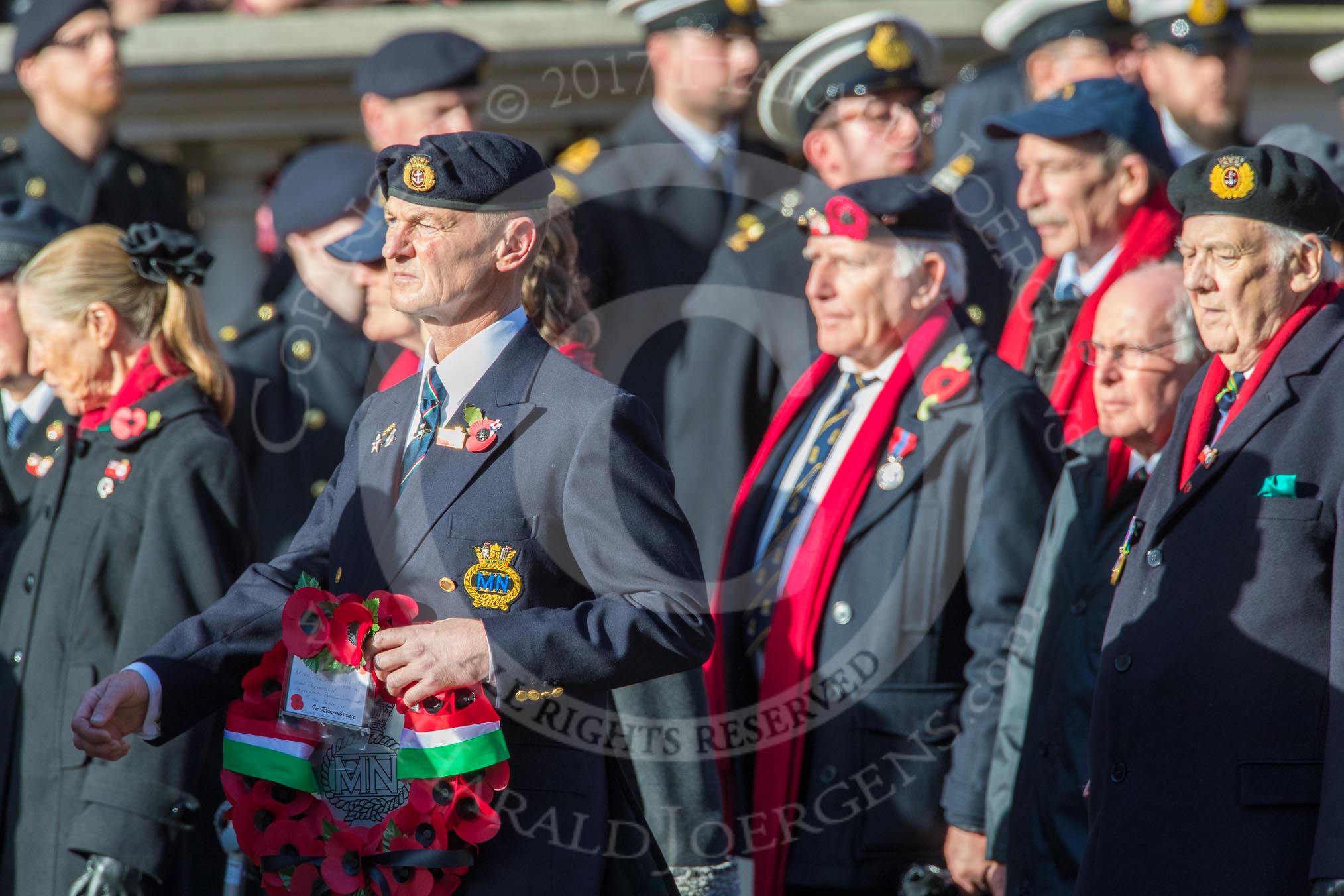 Merchant Navy Association  (Group E3, 40 members) during the Royal British Legion March Past on Remembrance Sunday at the Cenotaph, Whitehall, Westminster, London, 11 November 2018, 11:41.