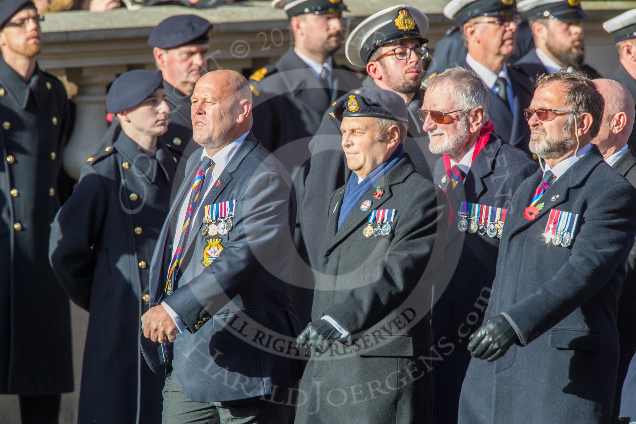 The Aircraft Handlers Association  (Group E4, 58 members) during the Royal British Legion March Past on Remembrance Sunday at the Cenotaph, Whitehall, Westminster, London, 11 November 2018, 11:42.