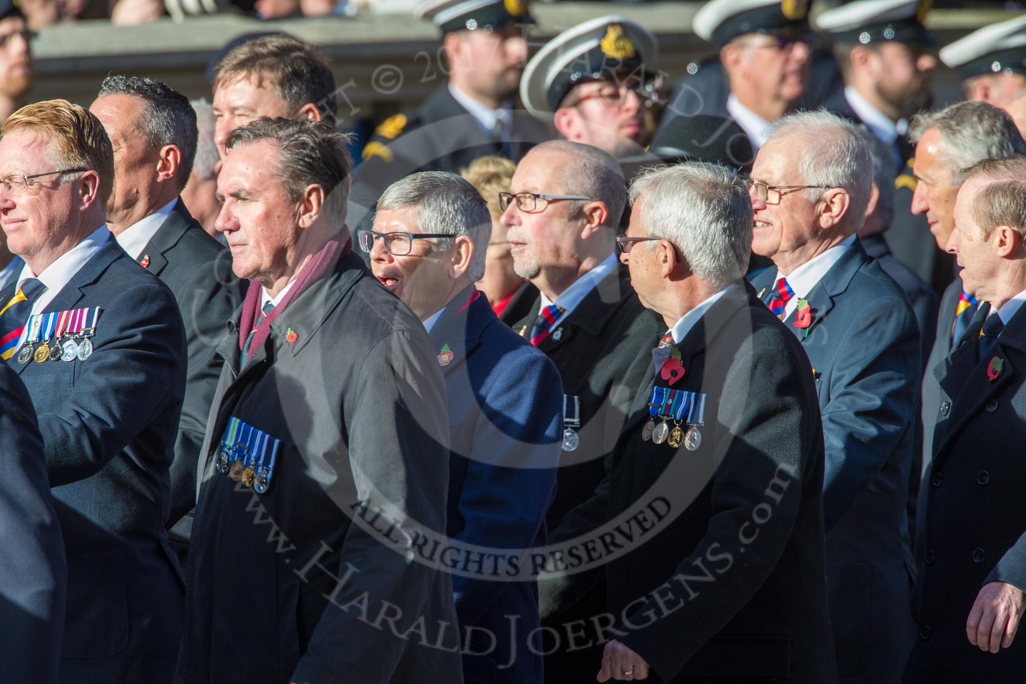 The Aircraft Handlers Association  (Group E4, 58 members) during the Royal British Legion March Past on Remembrance Sunday at the Cenotaph, Whitehall, Westminster, London, 11 November 2018, 11:42.