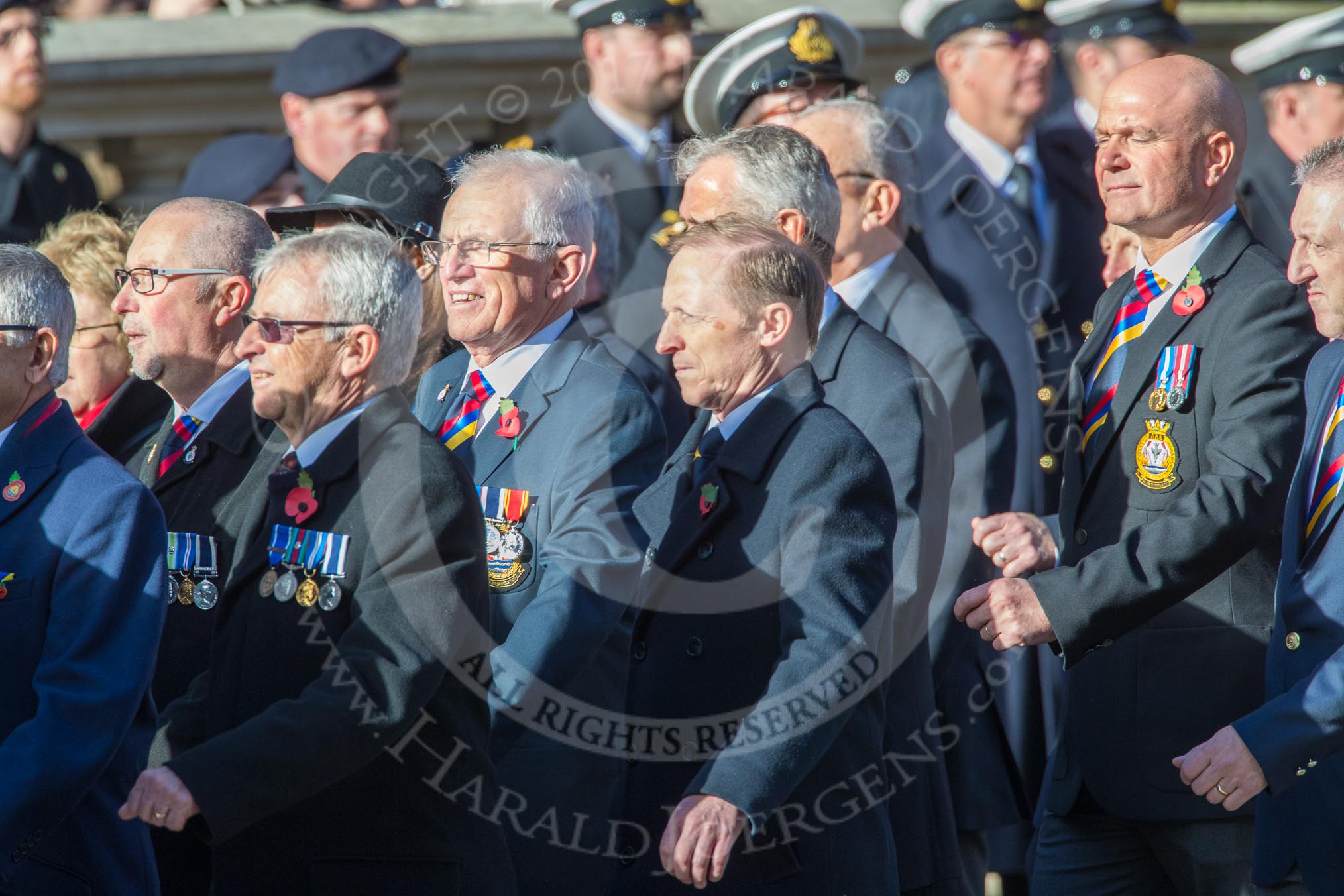 The Aircraft Handlers Association  (Group E4, 58 members) during the Royal British Legion March Past on Remembrance Sunday at the Cenotaph, Whitehall, Westminster, London, 11 November 2018, 11:42.
