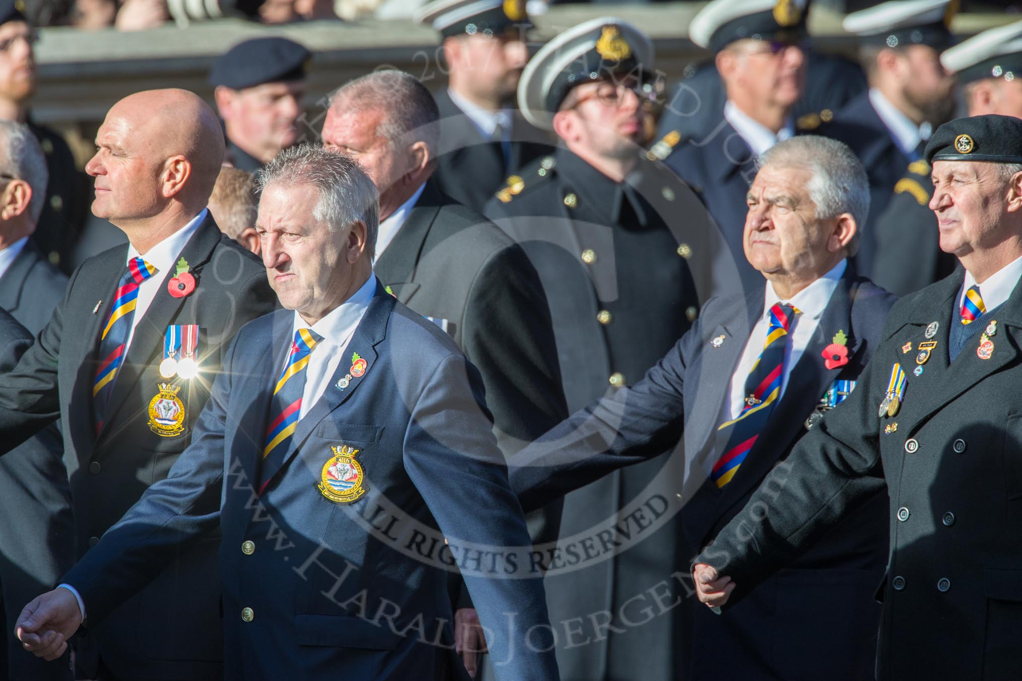 The Aircraft Handlers Association  (Group E4, 58 members) during the Royal British Legion March Past on Remembrance Sunday at the Cenotaph, Whitehall, Westminster, London, 11 November 2018, 11:42.