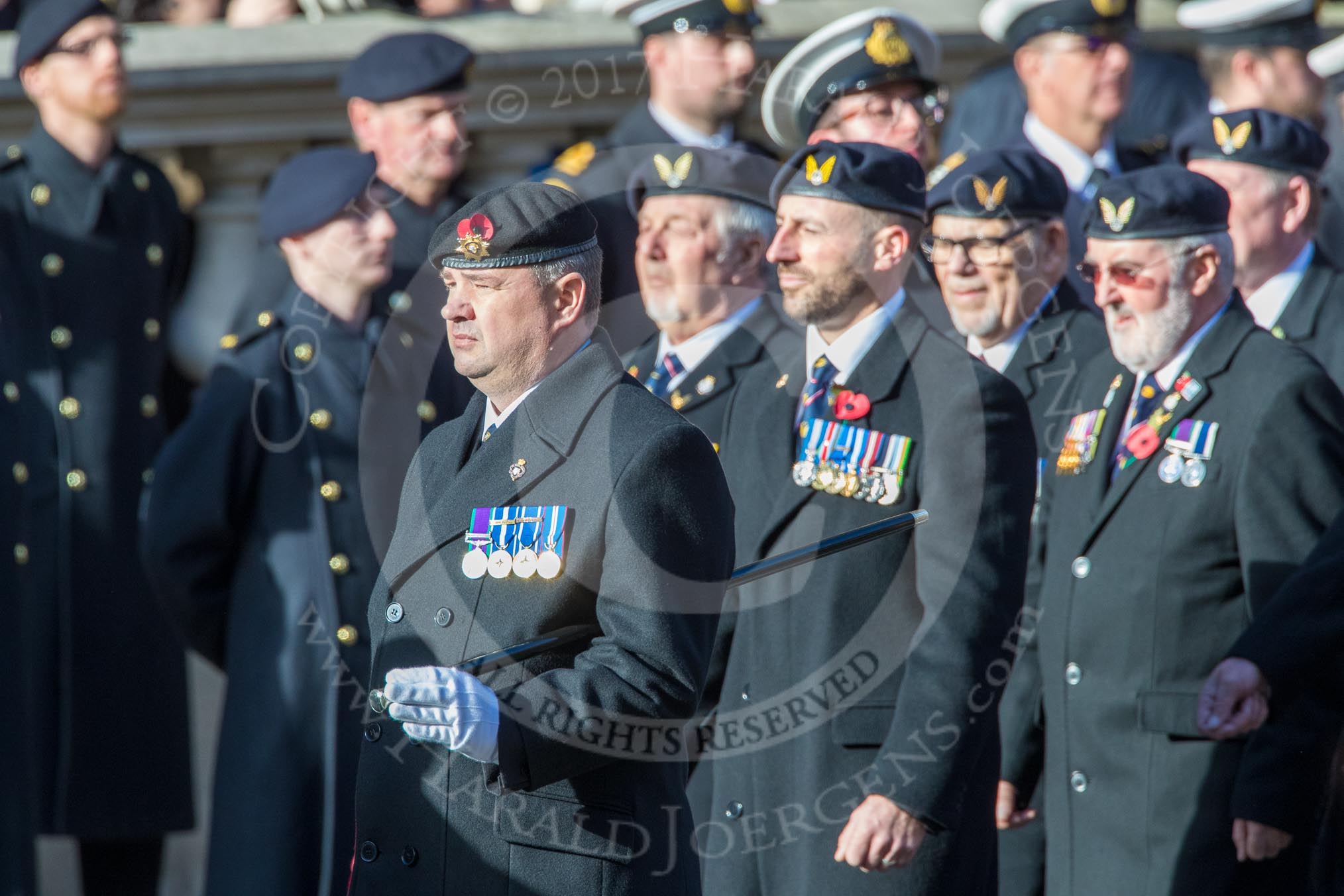 Aircrewmans Association  (Group E5, 44 members) during the Royal British Legion March Past on Remembrance Sunday at the Cenotaph, Whitehall, Westminster, London, 11 November 2018, 11:42.