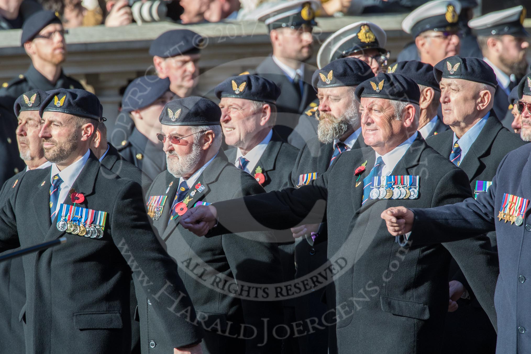 Aircrewmans Association  (Group E5, 44 members) during the Royal British Legion March Past on Remembrance Sunday at the Cenotaph, Whitehall, Westminster, London, 11 November 2018, 11:42.