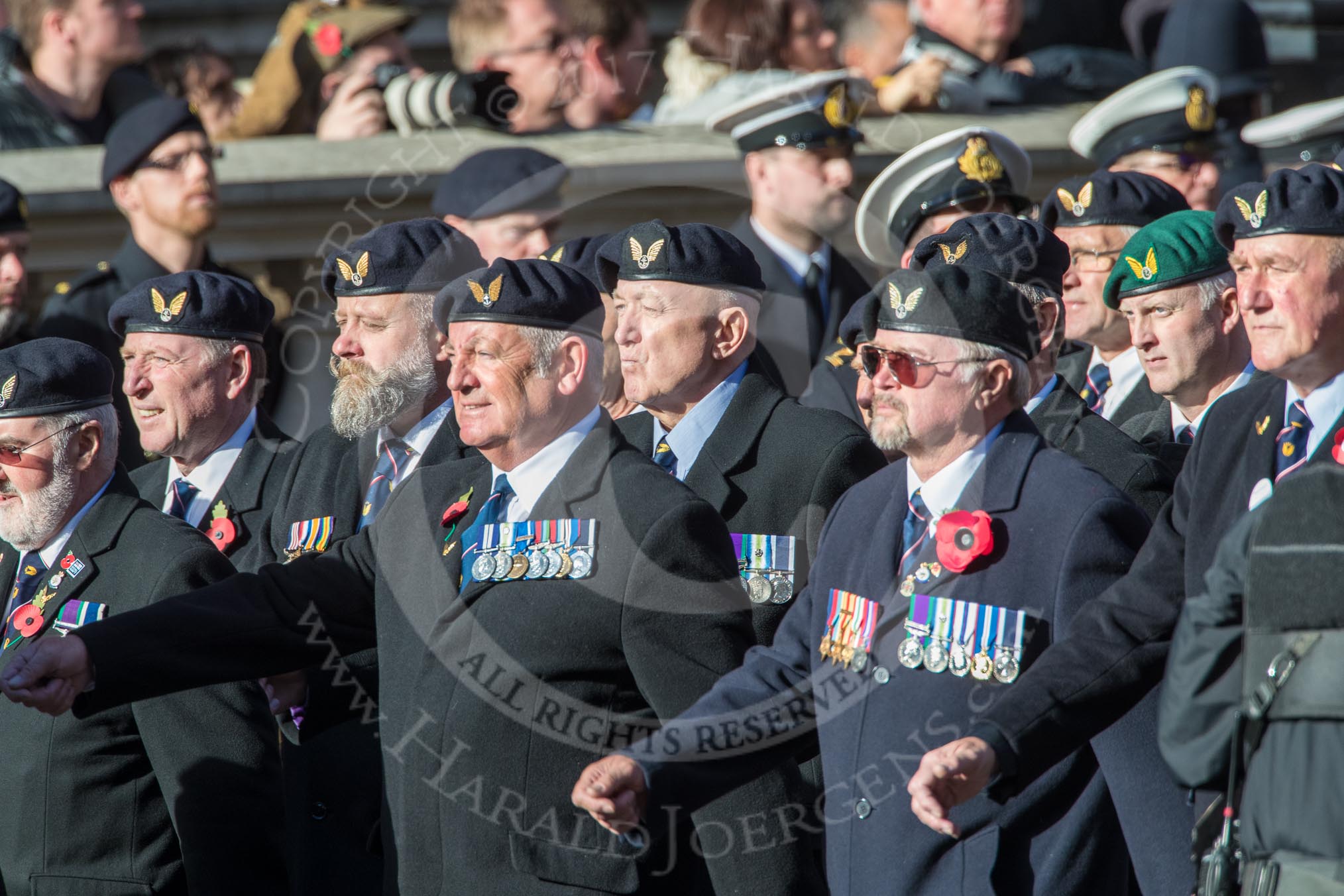 Aircrewmans Association  (Group E5, 44 members) during the Royal British Legion March Past on Remembrance Sunday at the Cenotaph, Whitehall, Westminster, London, 11 November 2018, 11:42.